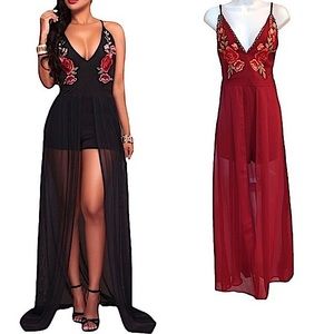 Privy Floral Embroidered Scalloped Plunge Neck Maxi Skirt Overlay Romper Red L